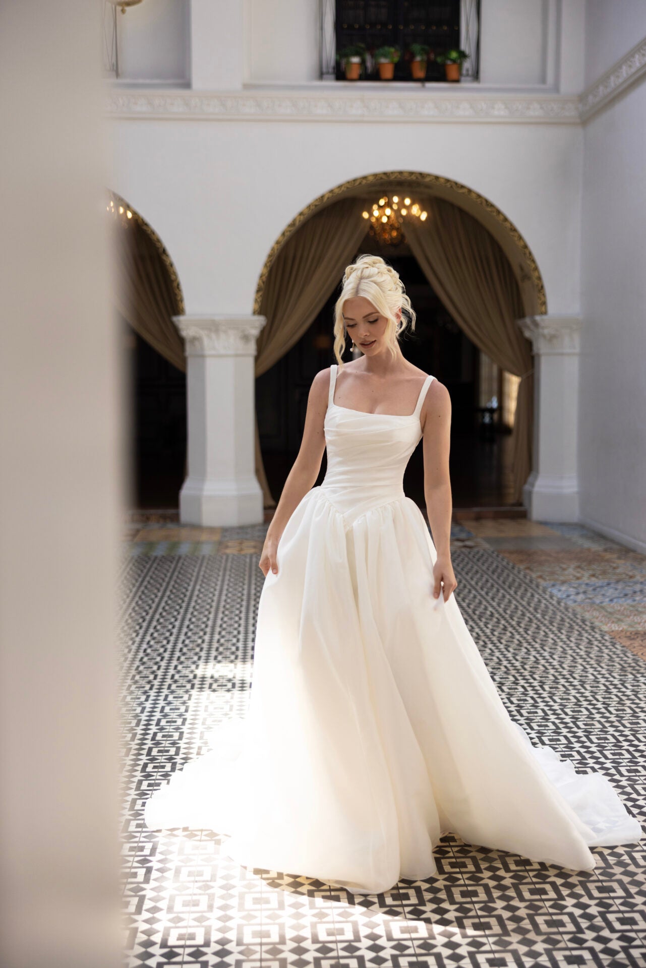 Modern Square Neckline A-Line Wedding Dress with Draped Bodice and Basque Waist