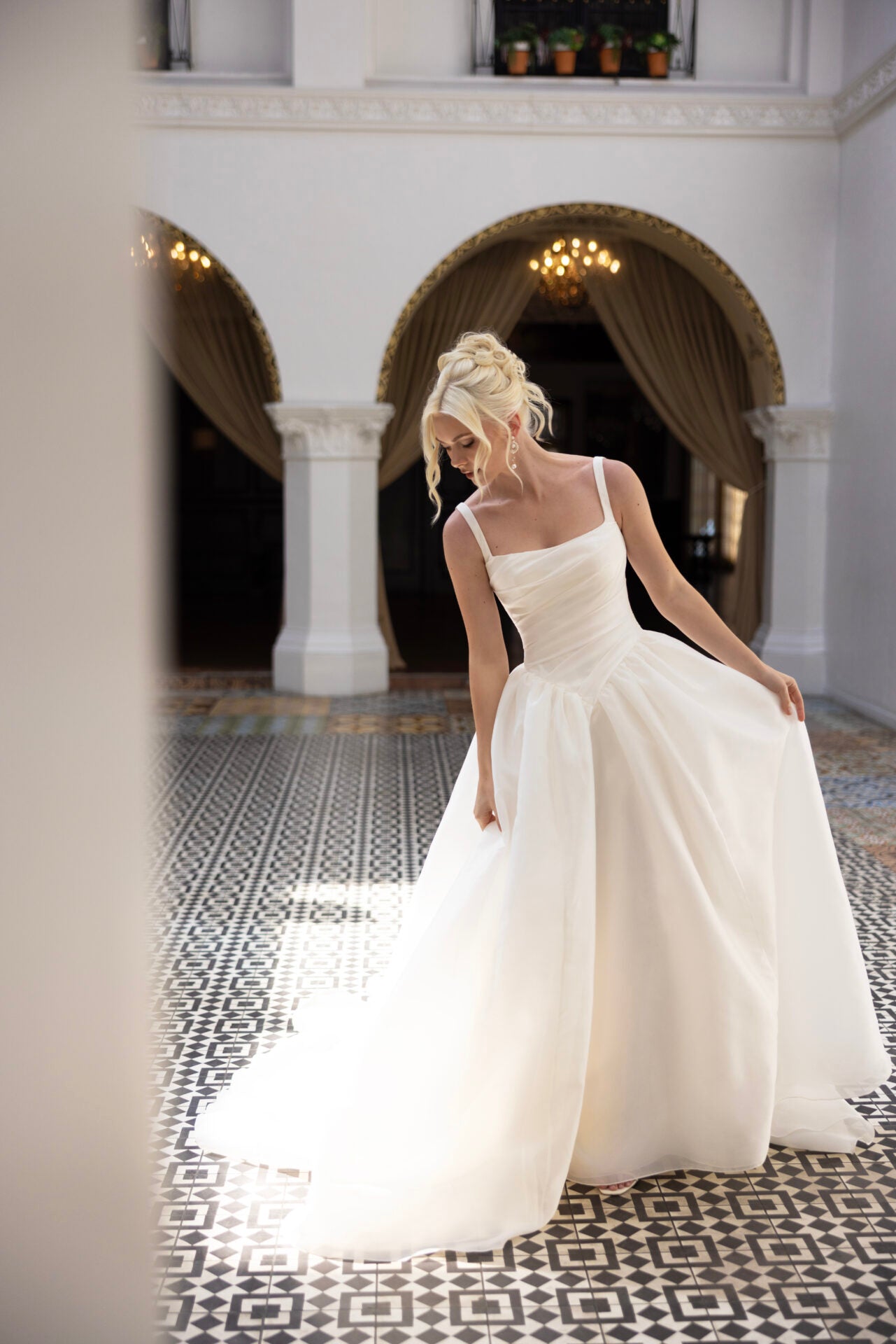 Modern Square Neckline A-Line Wedding Dress with Draped Bodice and Basque Waist