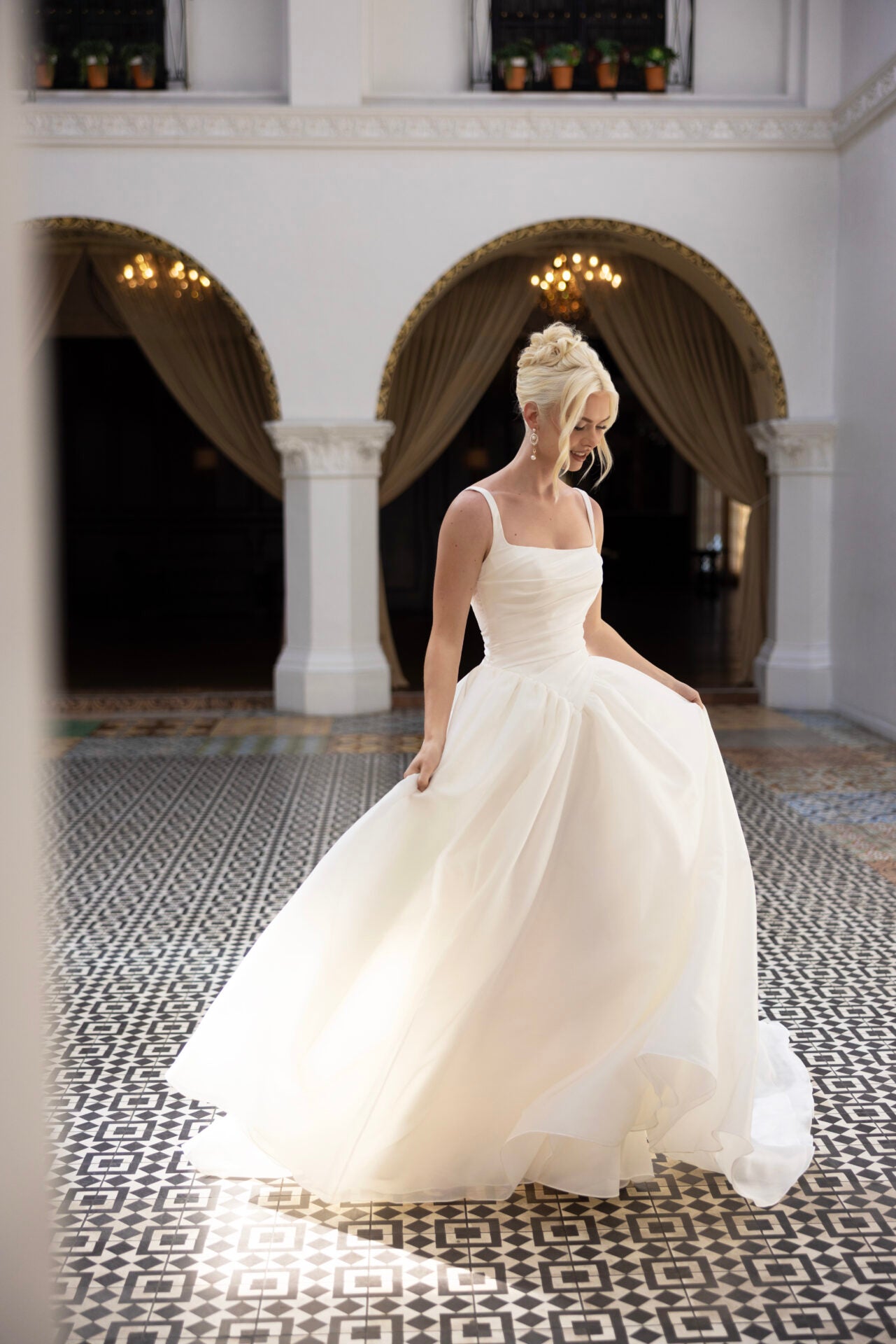 Modern Square Neckline A-Line Wedding Dress with Draped Bodice and Basque Waist