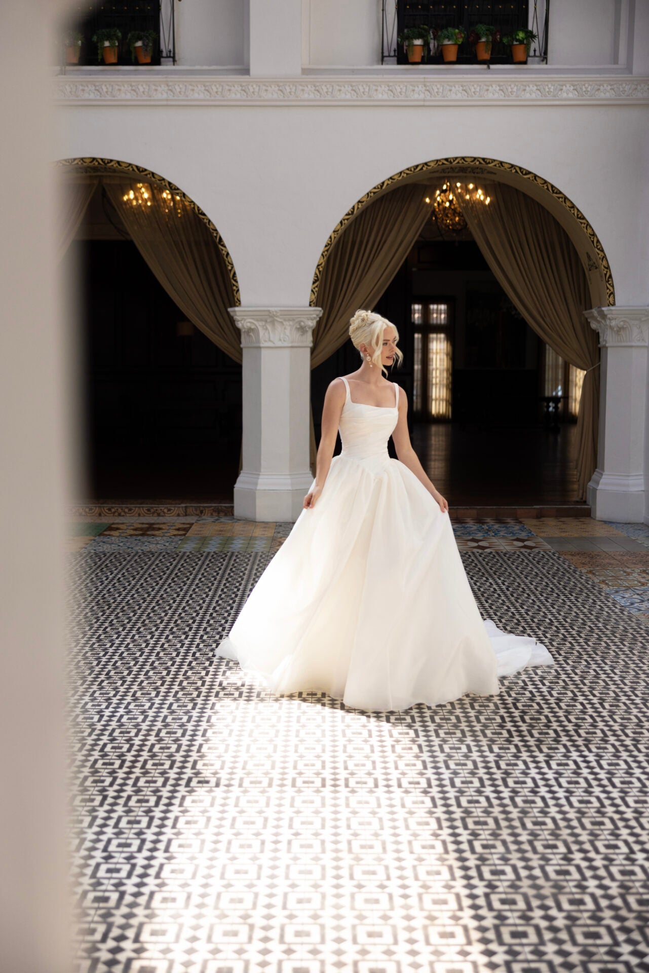 Modern Square Neckline A-Line Wedding Dress with Draped Bodice and Basque Waist