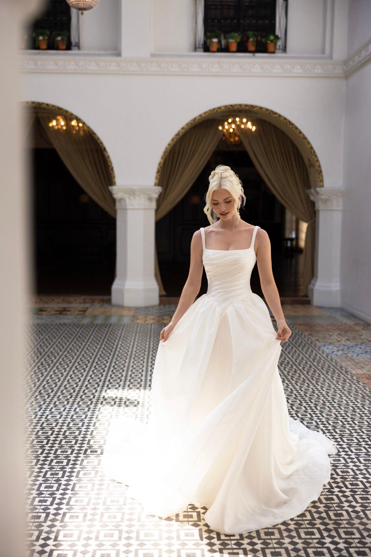 Modern Square Neckline A-Line Wedding Dress with Draped Bodice and Basque Waist