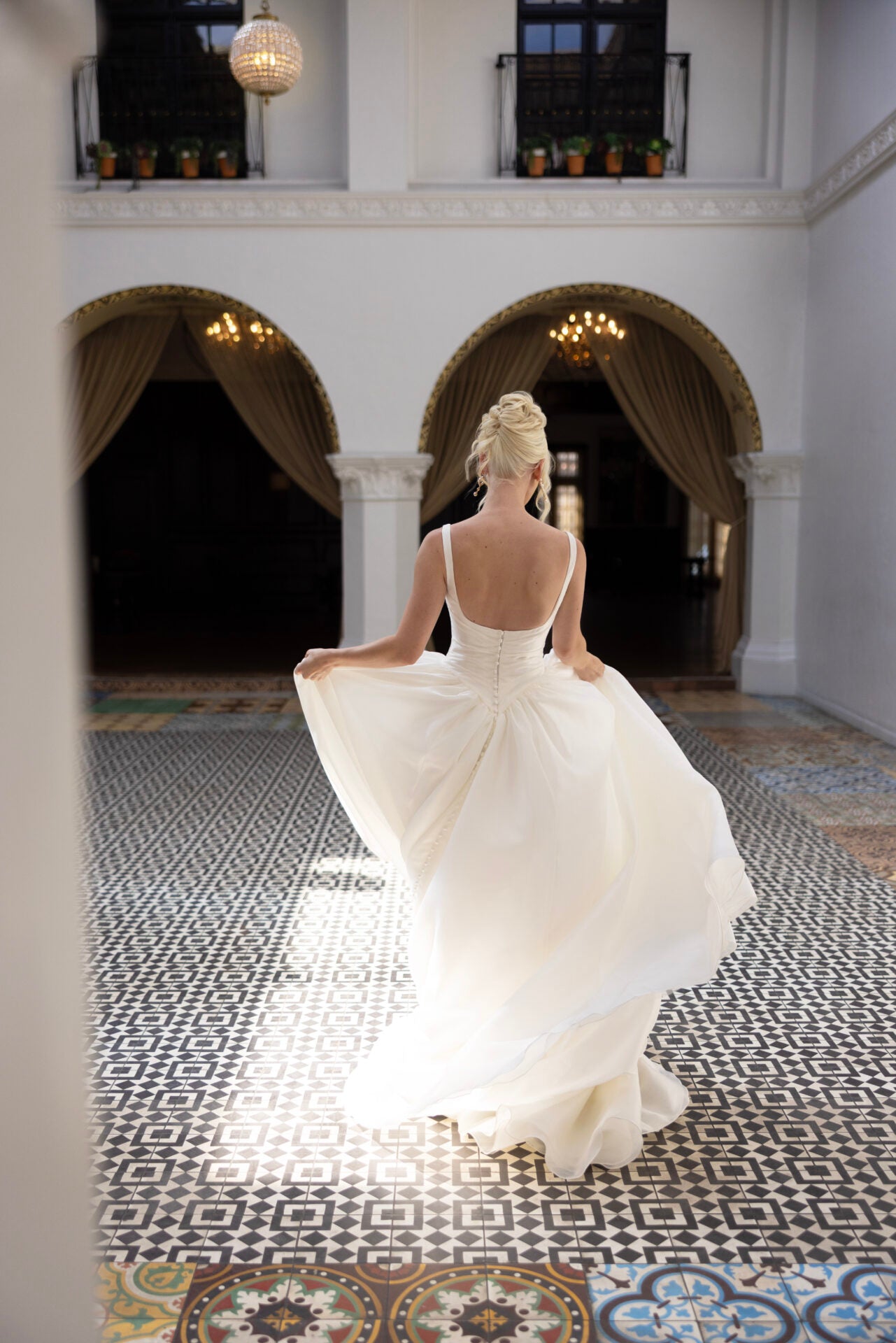 Modern Square Neckline A-Line Wedding Dress with Draped Bodice and Basque Waist