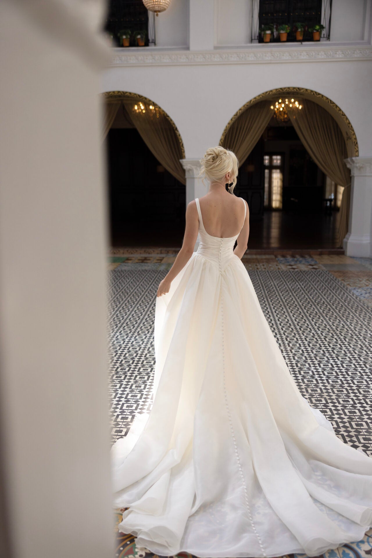 Modern Square Neckline A-Line Wedding Dress with Draped Bodice and Basque Waist