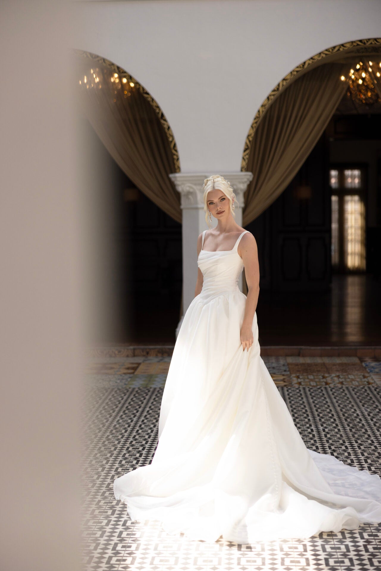 Modern Square Neckline A-Line Wedding Dress with Draped Bodice and Basque Waist