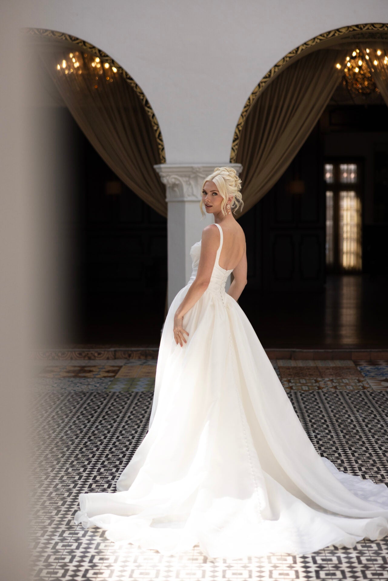 Modern Square Neckline A-Line Wedding Dress with Draped Bodice and Basque Waist