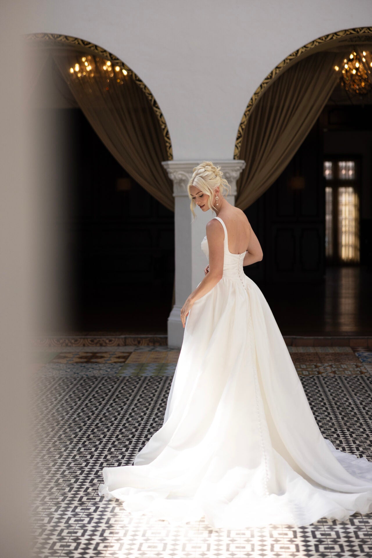 Modern Square Neckline A-Line Wedding Dress with Draped Bodice and Basque Waist