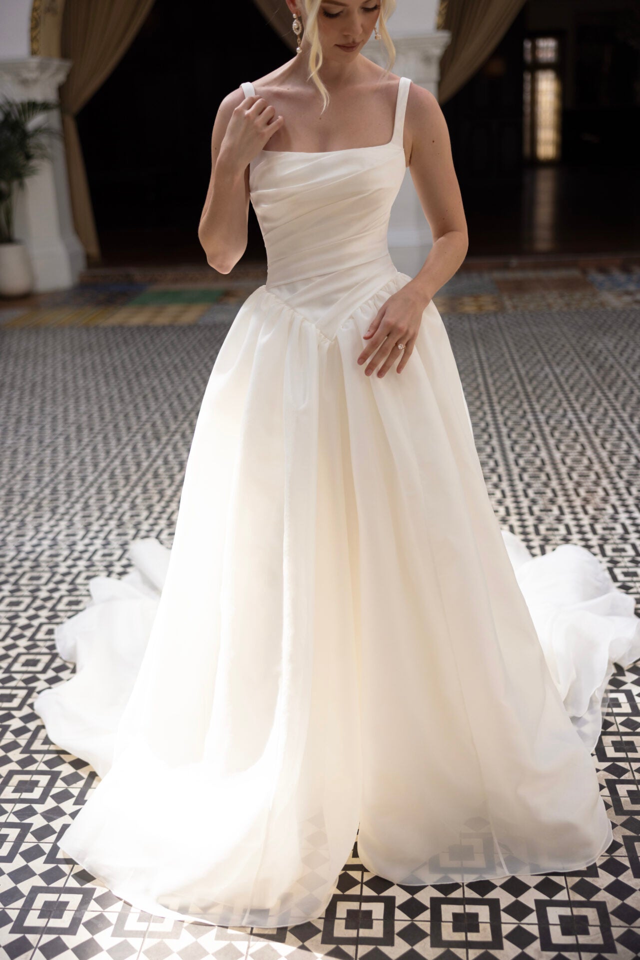 Modern Square Neckline A-Line Wedding Dress with Draped Bodice and Basque Waist