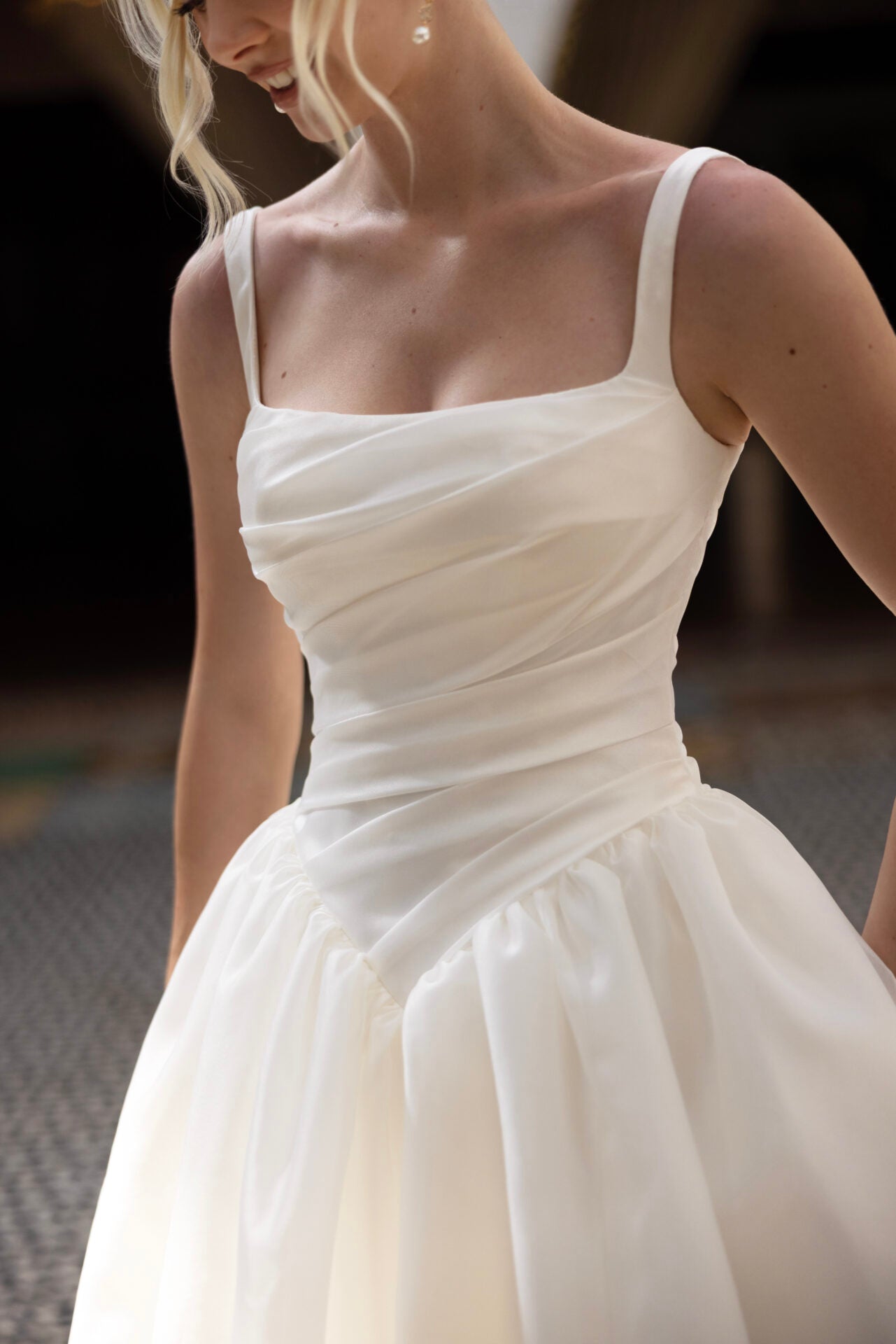 Modern Square Neckline A-Line Wedding Dress with Draped Bodice and Basque Waist
