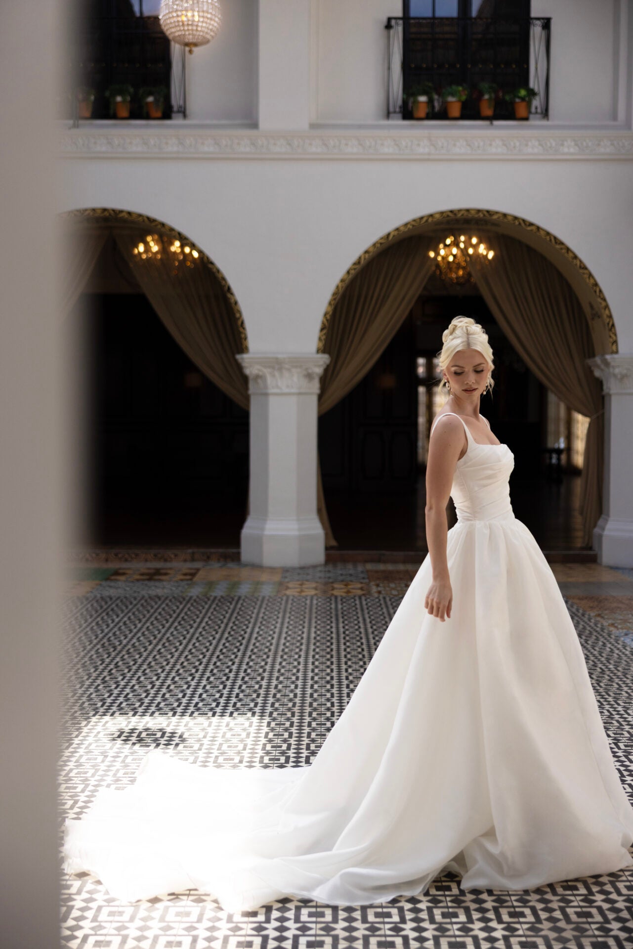 Modern Square Neckline A-Line Wedding Dress with Draped Bodice and Basque Waist