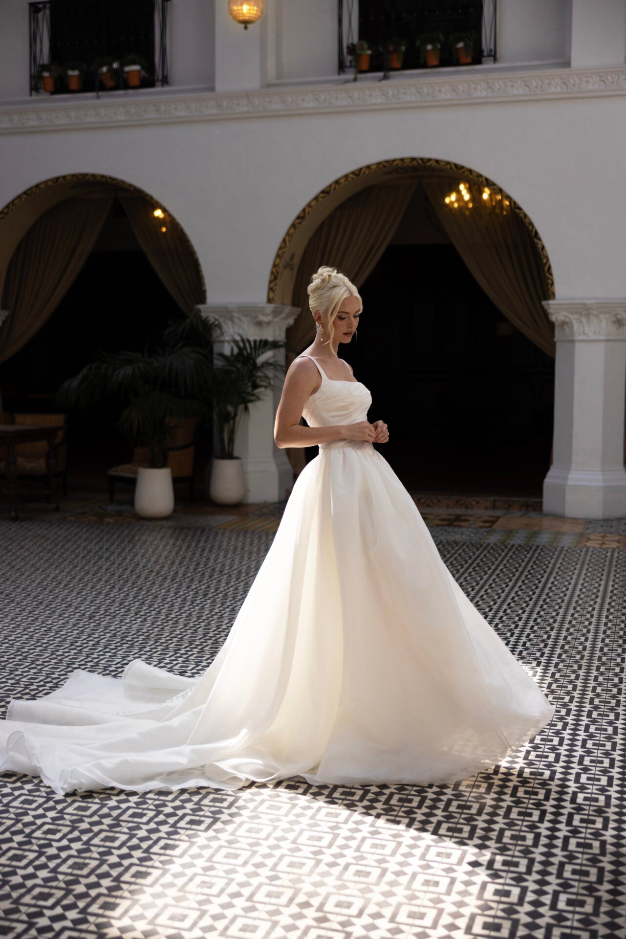 Modern Square Neckline A-Line Wedding Dress with Draped Bodice and Basque Waist