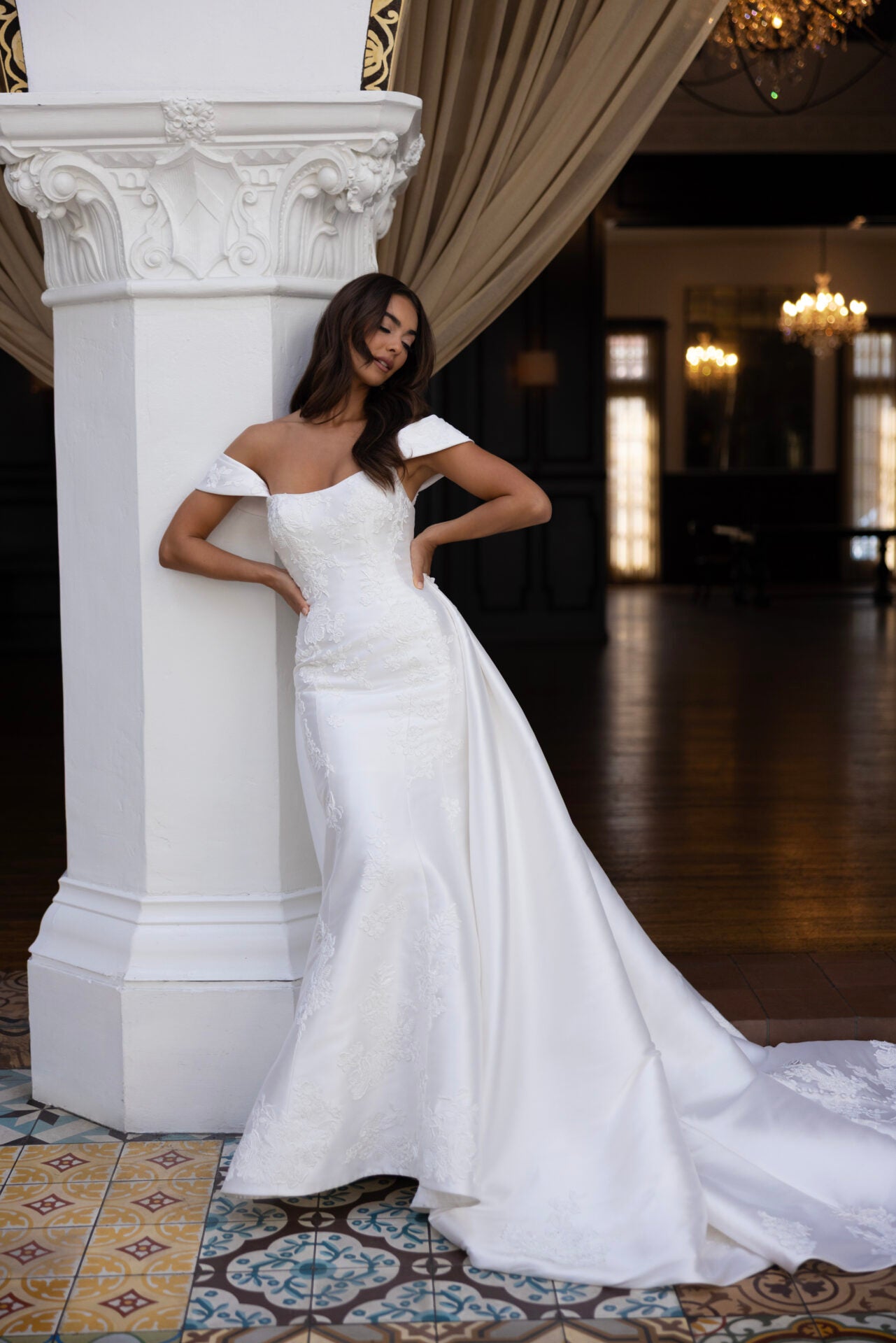 Elegant Matte Lace and Mikado Fit-and-Flare Wedding Dress with Detachable Overskirt