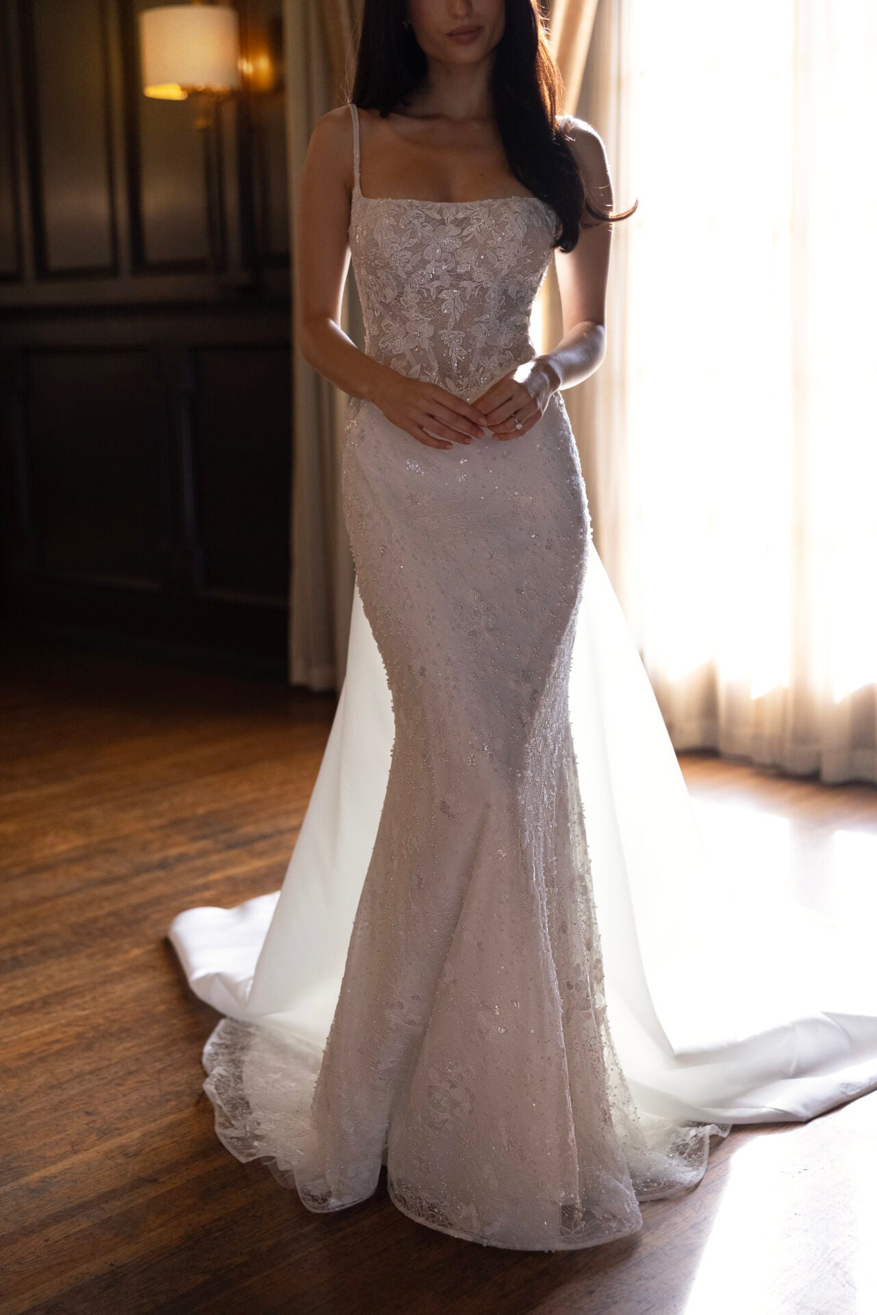 Sparkling Lace Sheath Wedding Dress with Square Neckline and Detachable Overskirt