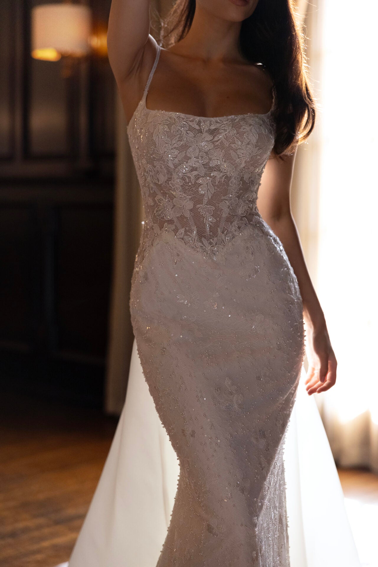 Sparkling Lace Sheath Wedding Dress with Square Neckline and Detachable Overskirt