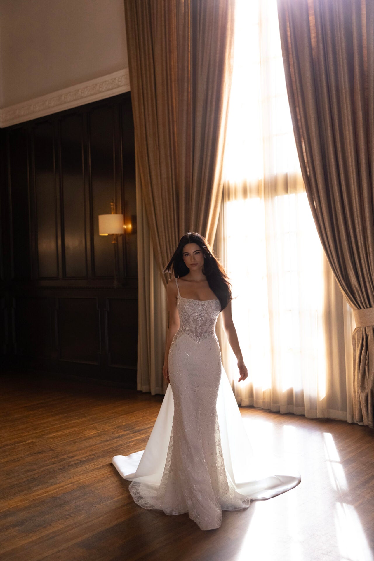 Sparkling Lace Sheath Wedding Dress with Square Neckline and Detachable Overskirt