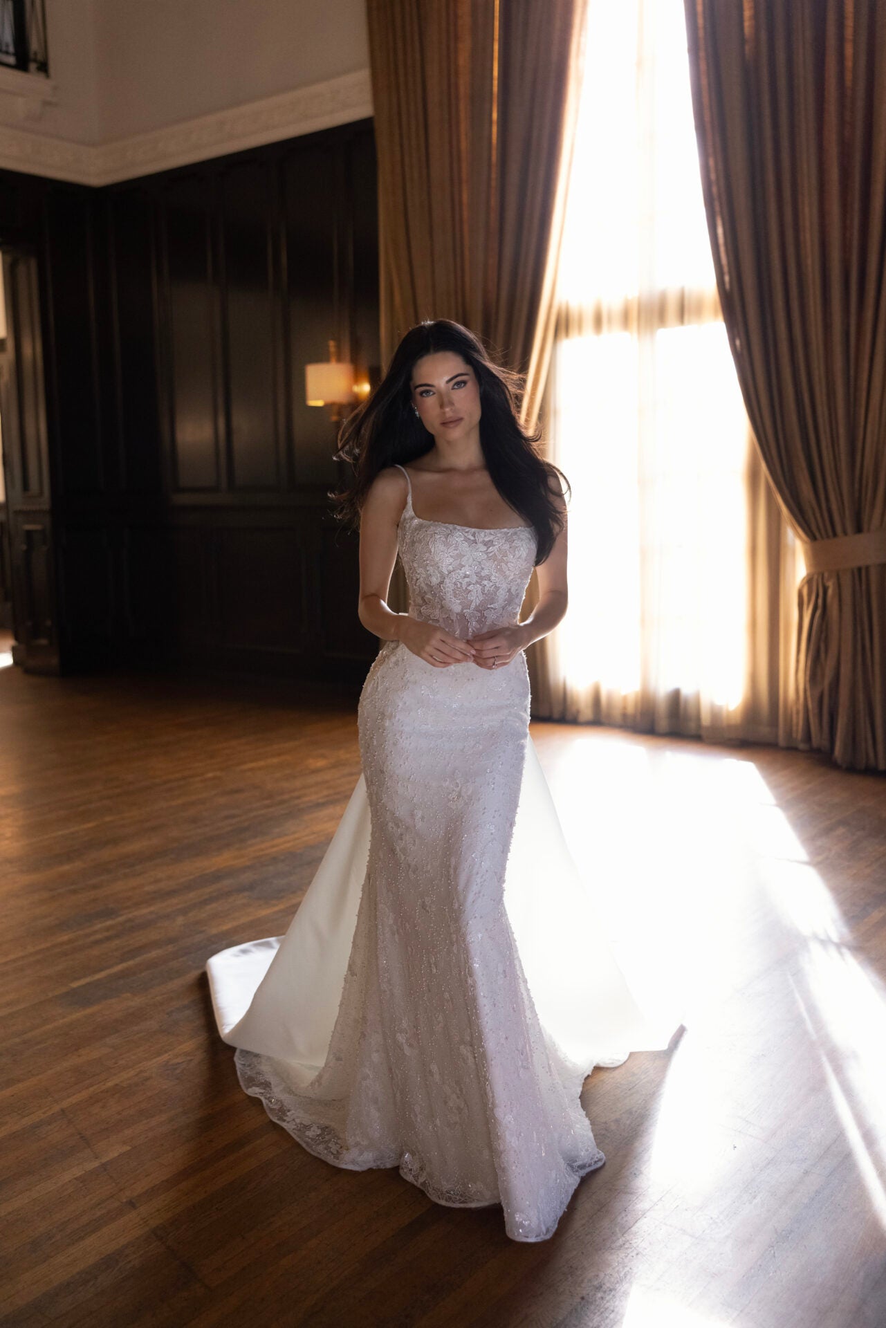 Sparkling Lace Sheath Wedding Dress with Square Neckline and Detachable Overskirt